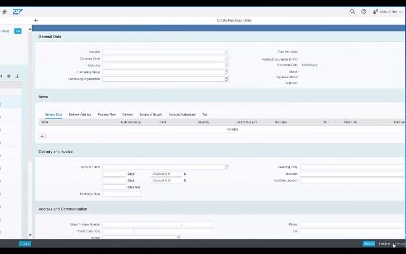 Purchase order form showing general data, items, delivery, and invoice details.