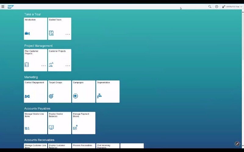 SAP Cloud ERP(S/4HANA) home screen showing modules for project management, marketing, and accounting.