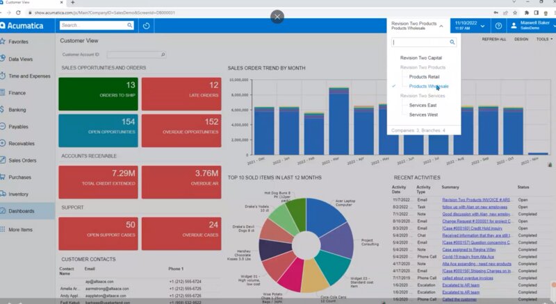 A dropdown menu in Acumatica's customer view with 'products wholesale' selected