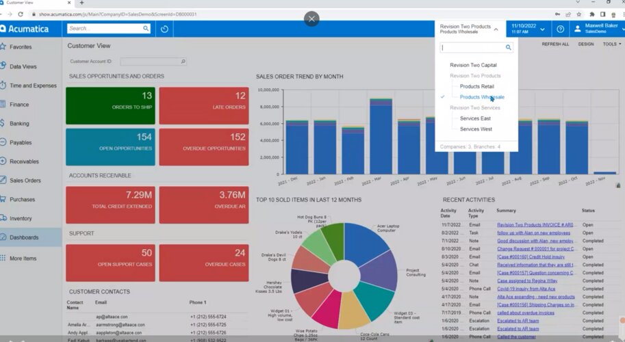 A dropdown menu in Acumatica's customer view with 'products wholesale' selected