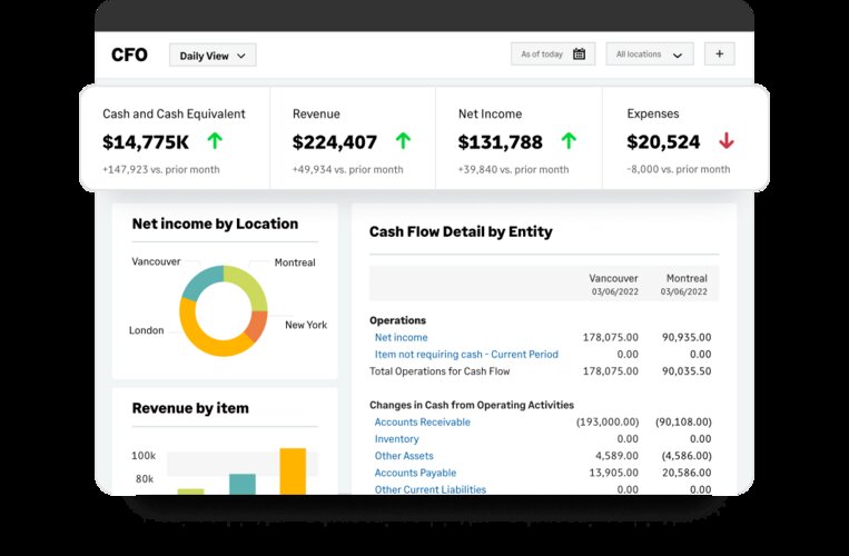 Sage Intacct CFO daily view featuring cash and cash equivalent, revenue, net income, expenses, net income by location, revenue by item and cash flow detail by entity
