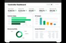Sage Intacct's controller dashboard featuring cash on hand, revenue YTD, cost of sales, gross profit, net income YTD, customer aging, AP analysis, revenue by entity and income statements