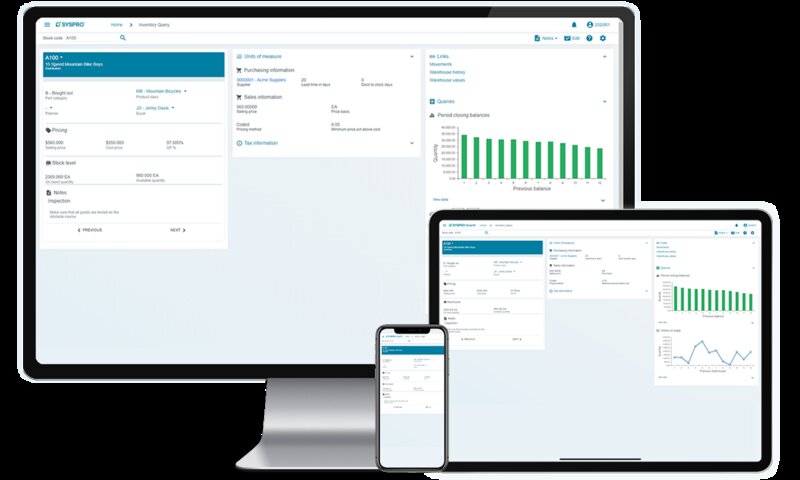 A cross-device view of SYSPRO's inventory query capabilities. Pictured is a breakdown of  the item, pricing, stock level, links and queries like period closing balance.