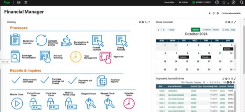 Sage X3 financial manager dashboard showing closing processes, reports, calendar, and journal entries.