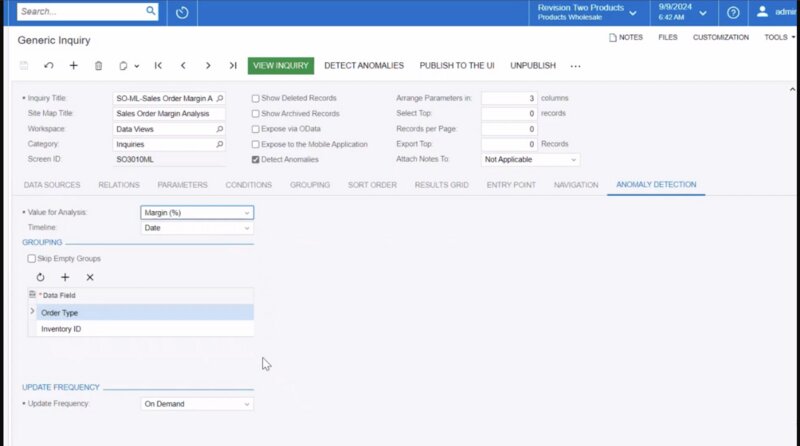 Acumatica ERP's anomaly detection feature displaying the generic enquiry template
