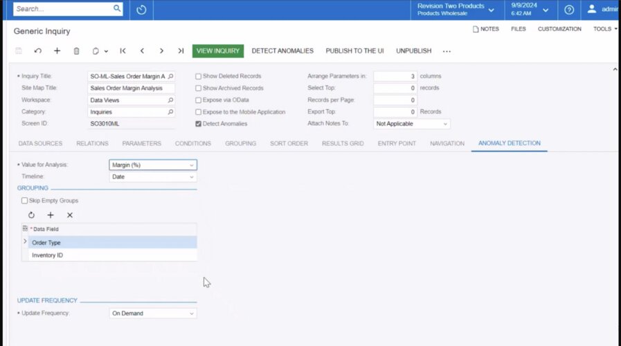 Acumatica ERP's anomaly detection feature displaying the generic enquiry template