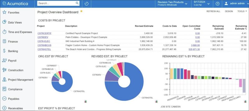 Acumatica's project overview dashboard featuring project costs, estimates and remaining budgets