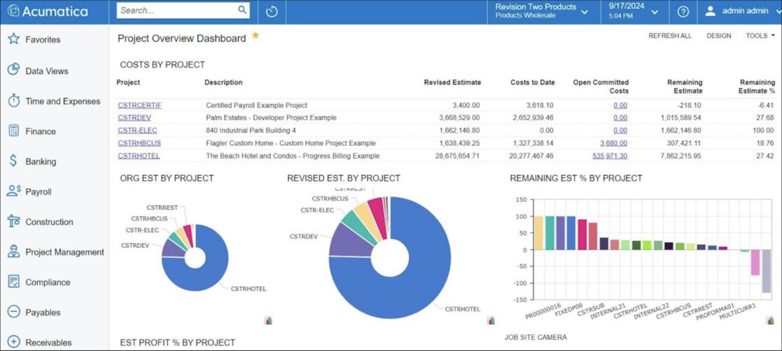 Acumatica's project overview dashboard featuring project costs, estimates and remaining budgets