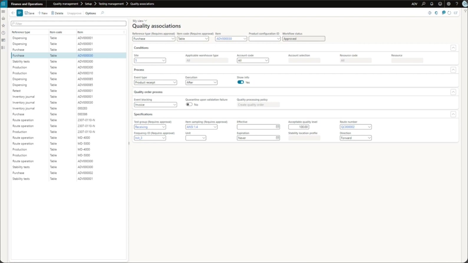 The quality associations tab of the quality management module in Dynamics 365 F&O